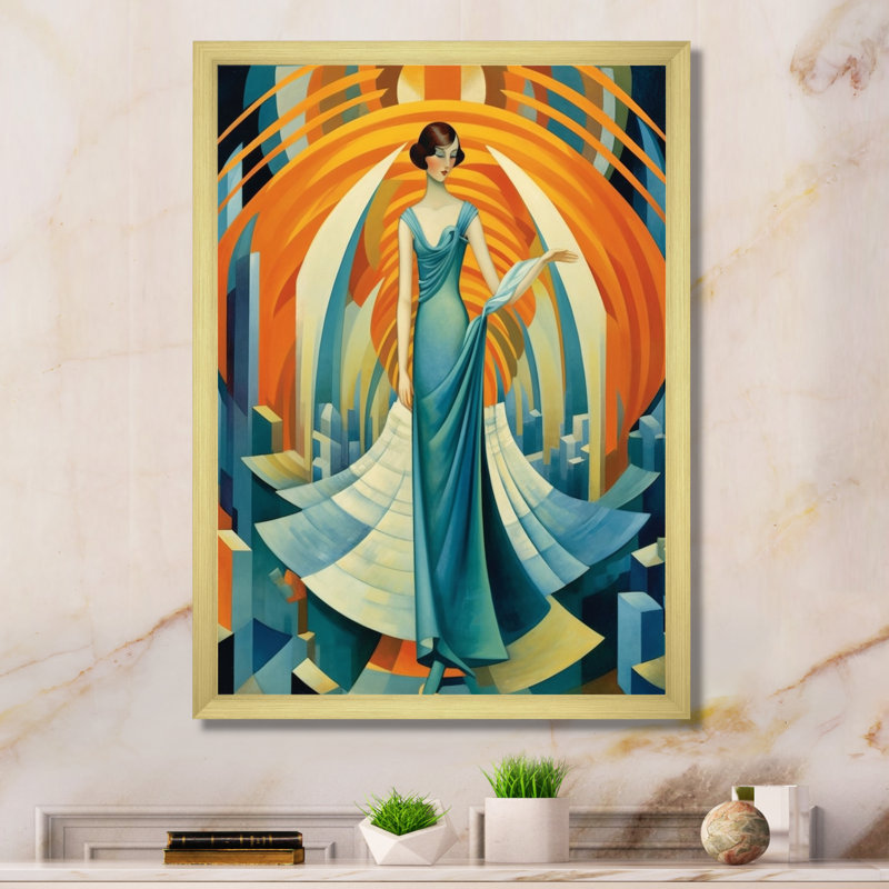 Art Deco Cosmopolitan Gracieuse danseuse en bleu - mode femme, reproduction sur toile encadrée, Cadre doré simple