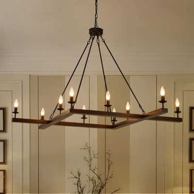 Lustre carré rustique en bois rustique à 10 lumières de style lustre de bougie rectangulaire unique pour le salon, la salle à manger, le vestibule, la cuisine, la chambre à coucher, e12