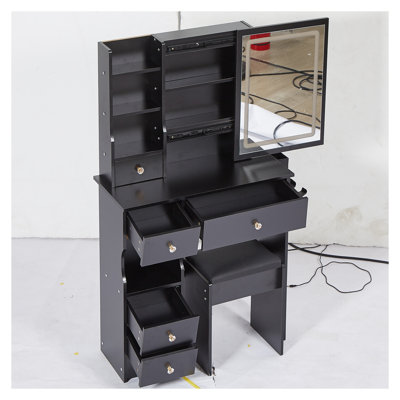 Petit meuble-lavabo de 29,2 po avec lumières DEL, coiffeuse à miroir à commande tactile avec prise de courant, bureau de meuble-lavabo compact avec tabouret pour la chambre à coucher, noir