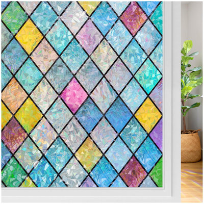 Stained Glass Window Film Rainbow Film Decorative 3D Privacy Sticker Colorful Lattice Window Decals Cling, Sun Catcher Static Decals for Home 23.6"×78.7"
