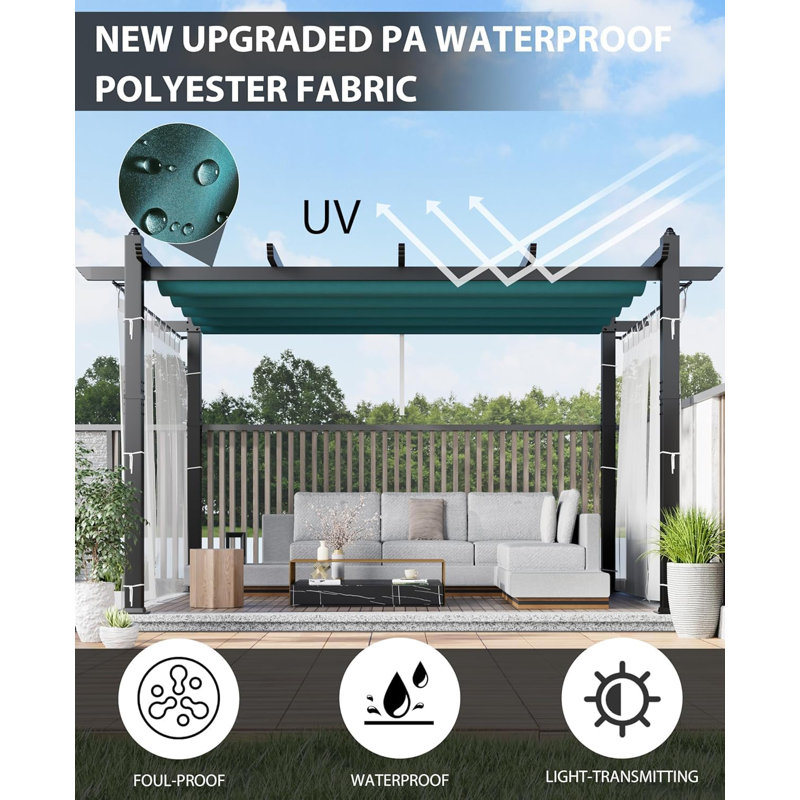 Outdoor Retractable Pergola Aluminium Pergola Canopy with Adjustable Roof, Upgraded Faux Wood Grain Modern Metal Patio Pergola for Deck, Backyard Garden, Porch, Grape Trellis