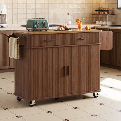 Solid Wood Top Kitchen Island, 56" Large Rolling Kitchen Cart with Drop Leaf, Mobile Kitchen Table with Drawers, Storage Cabinet & Locking Casters