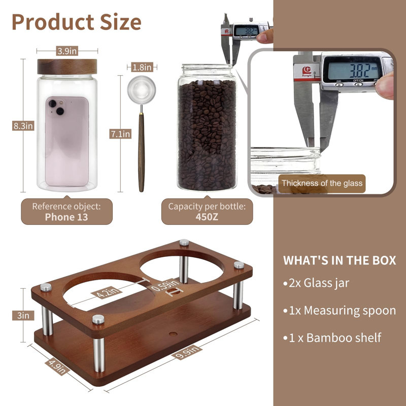 Glass Coffee Grounds Container With Shelf, 2 × 45 Oz Glass Coffee Canisters With Airtight Thread Lid, Glass Storage Jars With Stainless Steel Spoon For Coffee Bean, Sugar,Nut