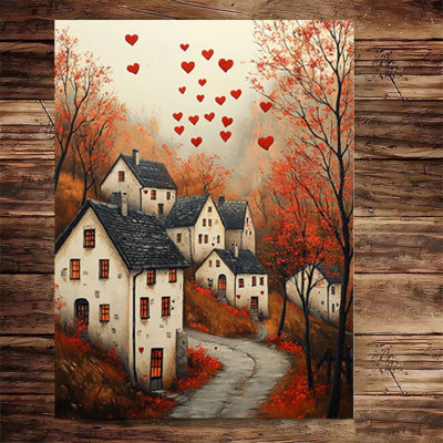 Cozy Autumn Village Red Hearts Canvas Print - Urban Studio