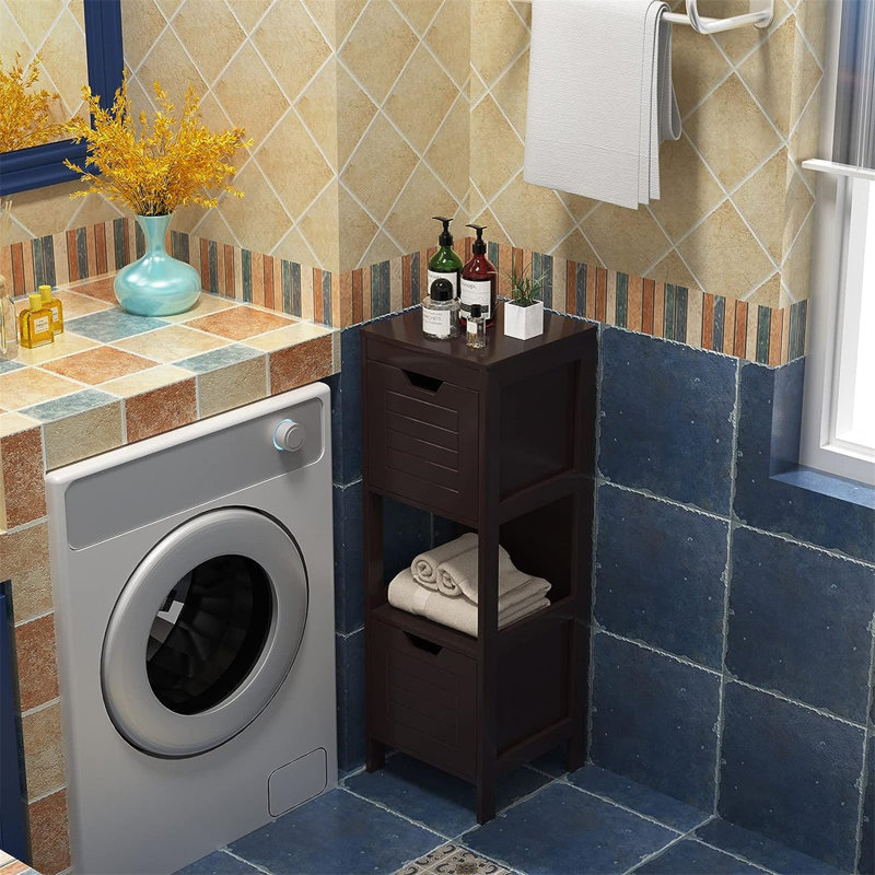 Red Barrel Studio Wooden Floor Cabinet Multifunctional Bathroom Storage Cabinet Side Organizer W/drawer, Brown