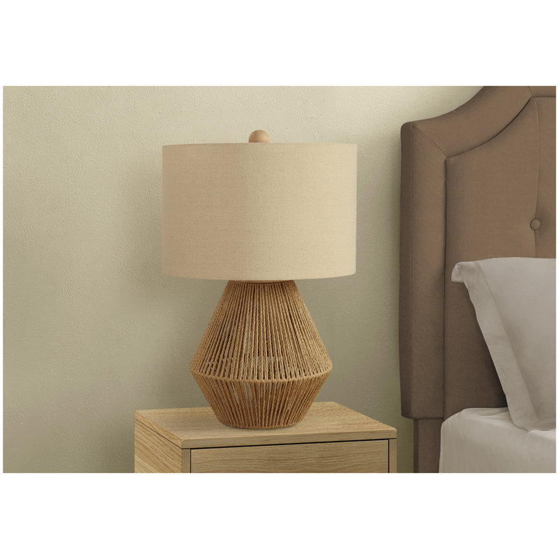 Lighting, h 22 po, lampe de table, corde brune, abat-jour beige, transitionnel