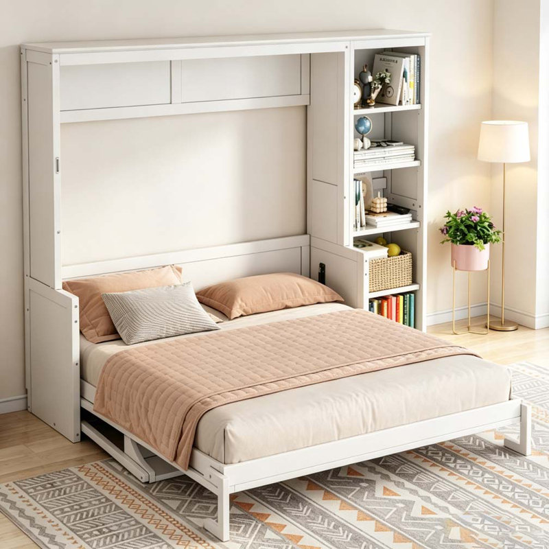 Lit escamotable avec bureau et tablettes Murphy, Grand lit, Blanc