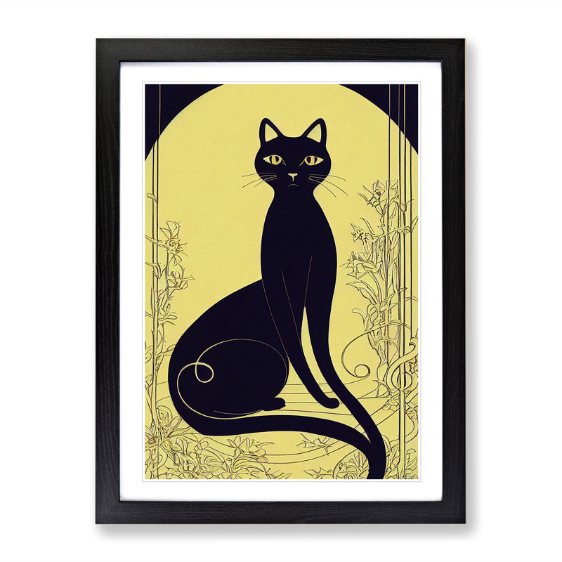 Cat In Nouveau No.3 - Single Picture Frame Print, Black, 64cm H x 46cm W x 2cm D
