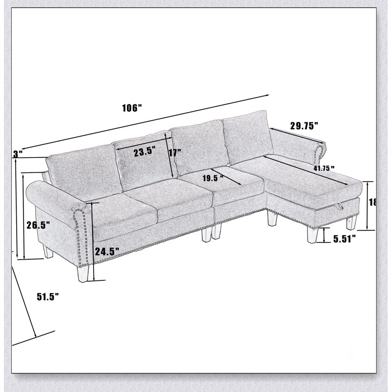 Convertible Sectional Sofa With Storage,L-Shaped Sofa,Four-Seater Sofa, Gray Linen