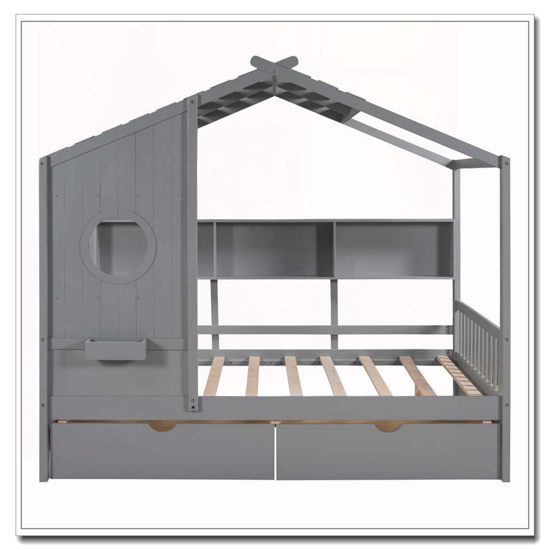 Lit double en bois avec 2 tiroirs, Gris