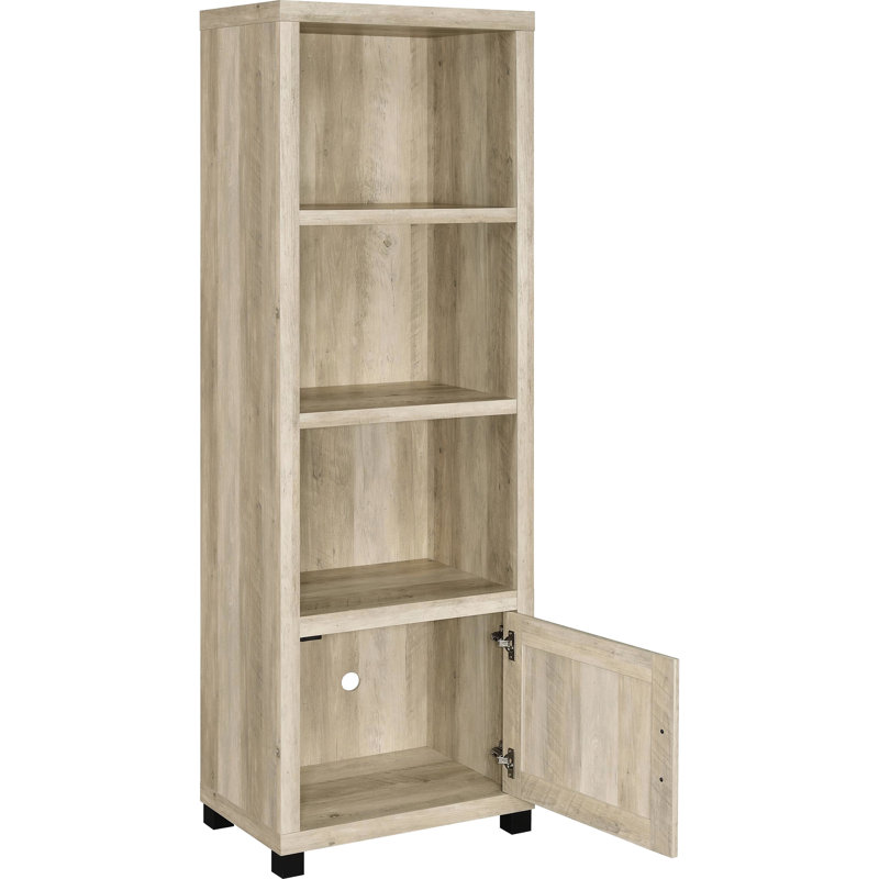 Distressed Pine 3 - Shelf Media Tower, Engineered Wood, Four Storage Compartments, For Restricted Spaces Wood Tower With Finish, Vertical Orientation Space Efficiency, Ideal Primary Living