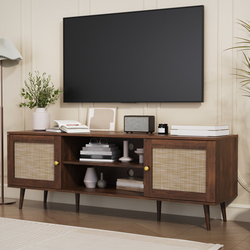 TV Stand For 55/65/70 Inch TV, Boho 59" Entertainment Center With Storage, Modern Mid Century Media Console With Rattan Doors And Adjustable Shelf, Wood TV Stand For Living Room