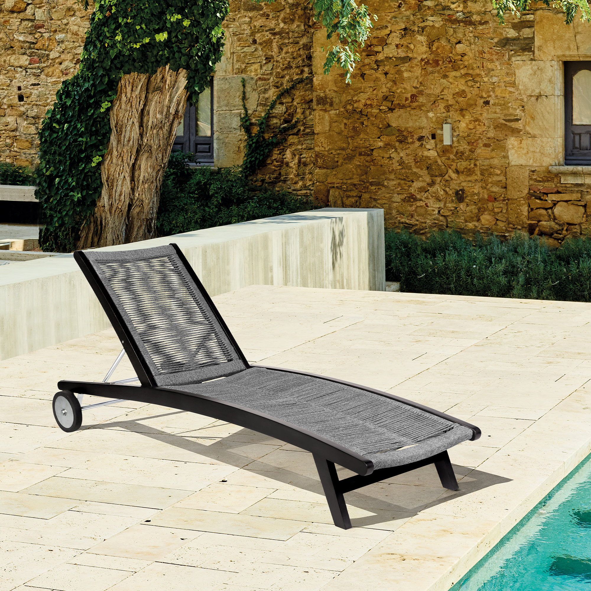 72'' Outdoor Eucalyptus Chaise Lounge, Black, Gray
