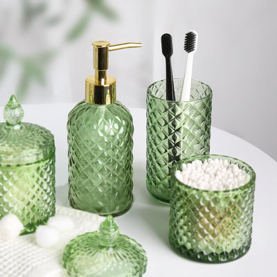 Ensemble de 4 accessoires de salle de bain verts, distributeur de savon en verre diamant et porte-brosse à dents pour comptoir