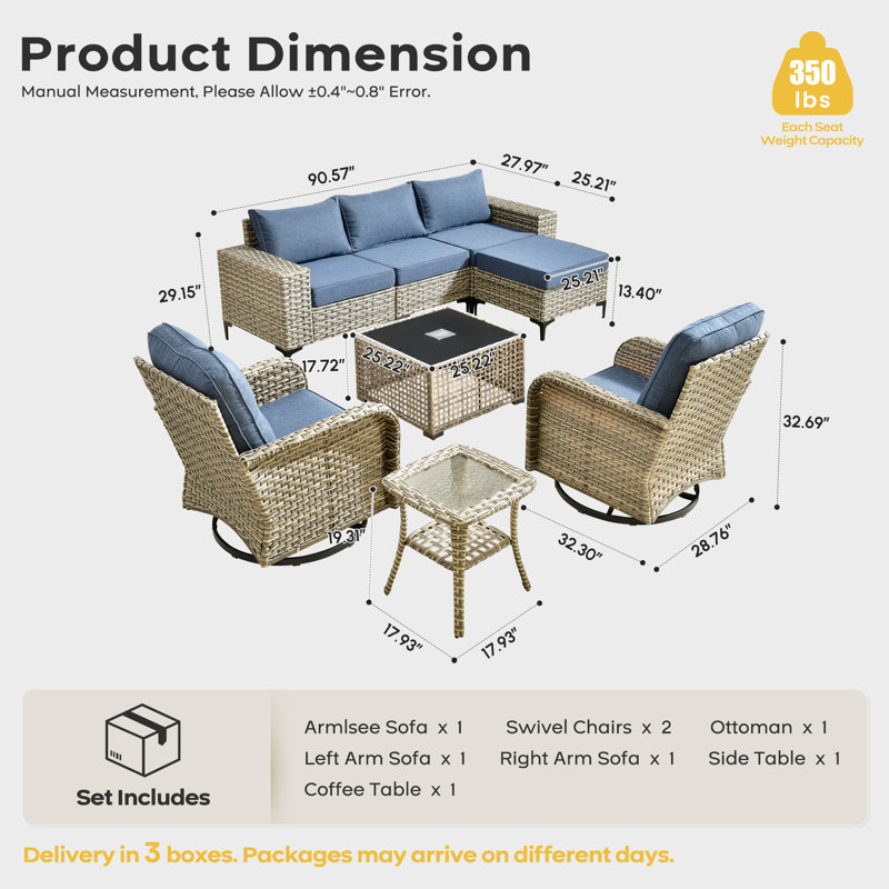 8-Piece Patio Conversation Set, Modular Outdoor Wicker Sectional With Wide Armrests And Coffee Table, Patio Sofa Set With Swivel Rocking Armchairs And Cushions