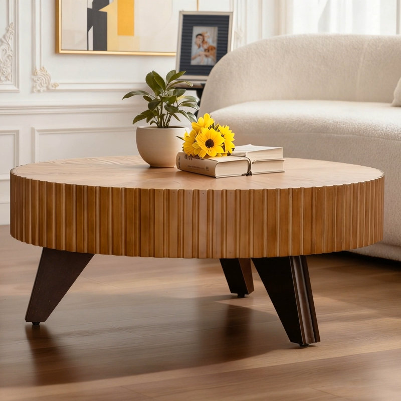 Table basse ronde 35,4 po, H 13,77 po x L 35,4 po x l 35,4 po, Plateau naturel / base brune