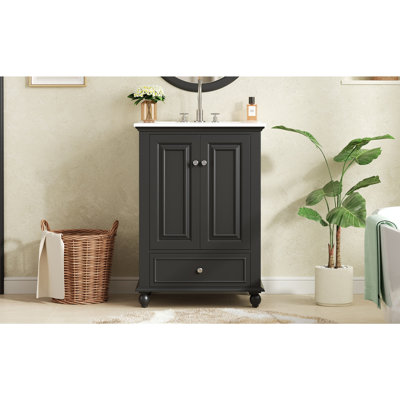 Meuble-lavabo 24 po avec lavabo en céramique, armoire de rangement avec portes à fermeture douce, armoire de salle de bain avec tiroir et séparateurs de tiroir