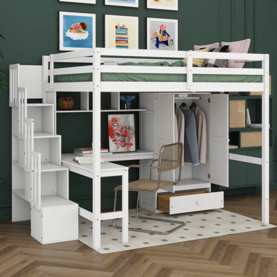 Lit mezzanine double avec bureau et escalier, lit mezzanine en bois avec station de charge, bibliothèque, armoire et tiroirs