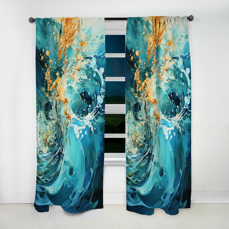 Rideau en velours moderne Aliasgar Aqua Dream Rush Flow III - obscurcissant - 1 panneau, L 52 po x L 95 po