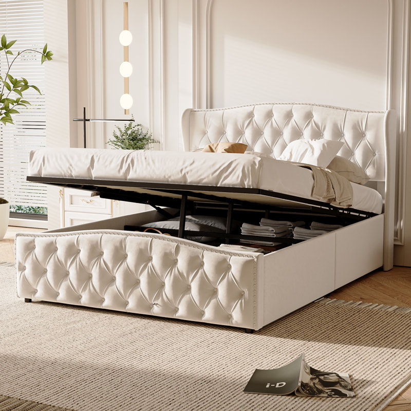 Metal Ottoman Storage Bed, Beige, European Double (140 x 200 cm)