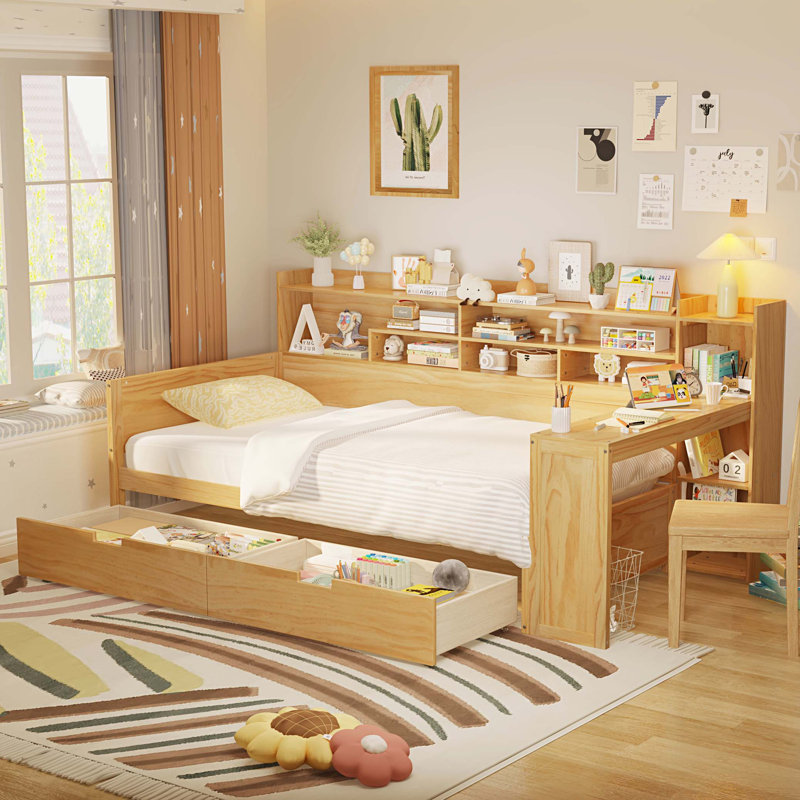 Lit de jour en bois avec tablettes de rangement, lit multifonctionnel avec deux tiroirs de rangement et bureau d'étude
