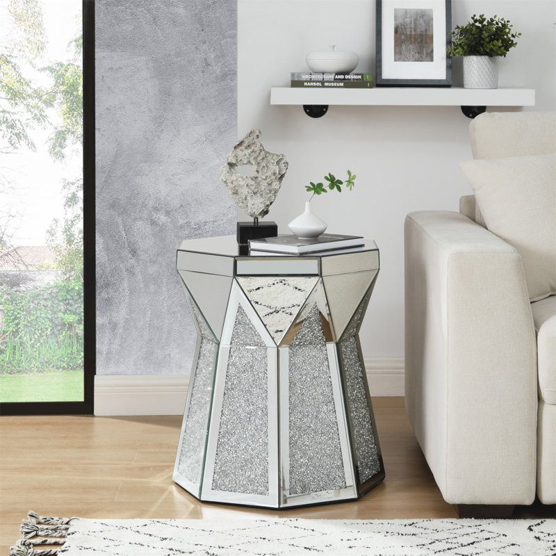 Drum Style Coffee Table With Mirror Crystal Inlay, Polygonal Silver Decorative Table, Modern Design Luxury Modern Furniture, 20 Inch Low Coffee Table, Suitable