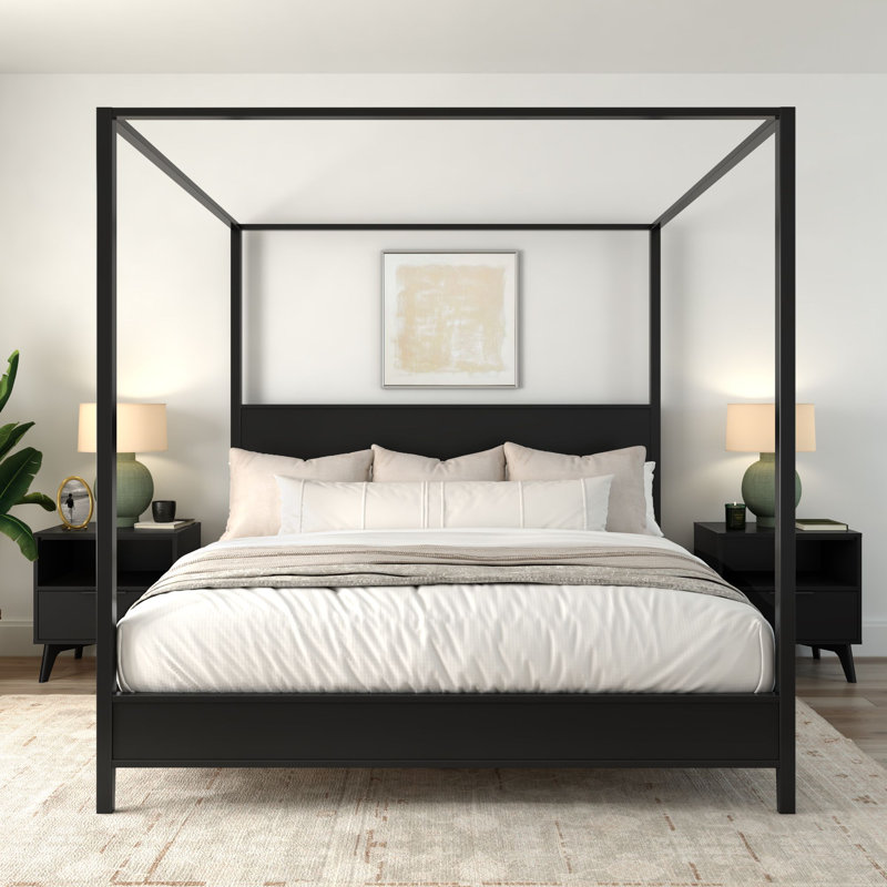 Haven Canopy Bed with Square Post and Wood Headboard, Black, King