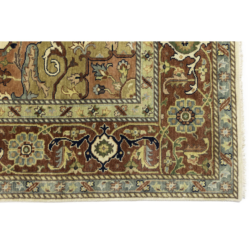 Oriental Handmade Hand-Knotted Rectangle 9'9" x 13'9" Wool Area Rug in Blue/Red/Cream