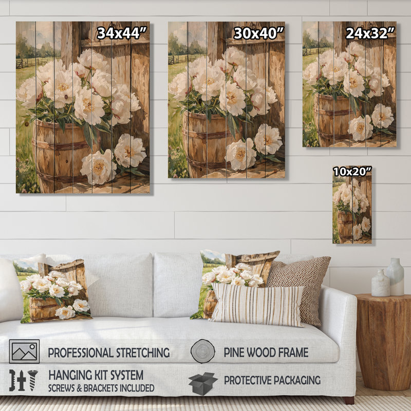 Fermes de pivoines de ferme dans la plaine de chèvre II - Décoration murale en bois de pivoines - sur bois de pin naturel