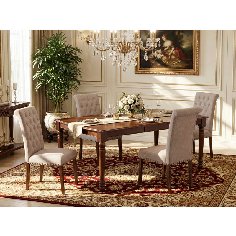 5 Piece Kitchen Table Set Includes a Rectangle Dining Room Table with Butterfly Leaf and 4 Light Tan Linen Fabric Parsons Chairs, Mahogany