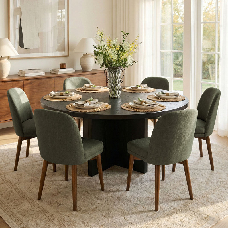 7-Piece 60" Round Dining Set With Upholstered Chairs, Green
