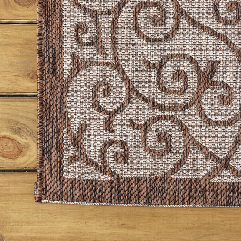 Haggerty Vintage Filigree Textured Weave Taupe/Espresso Indoor/Outdoor Rug, Rectangle 5'3" x 7'7"