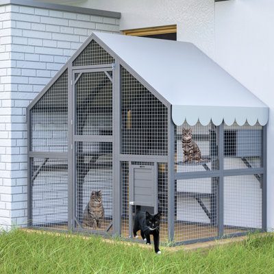 28Ft Outdoor Cat Enclosure - Luxury Wooden With Doors, 2 Playpen, Hiding Houses. Gray House Gray, Bridges