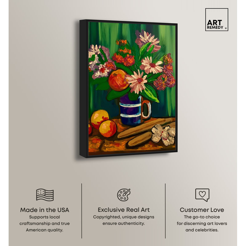 Vibrant Floral and Fruits Canvas Painting with Black Frame