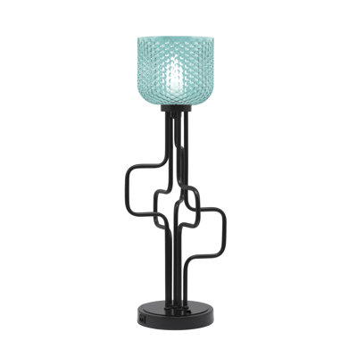 Amarmula Accent Lamp, With USB Ports, Matte Black Finish, 6" Turquoise Textured Glass