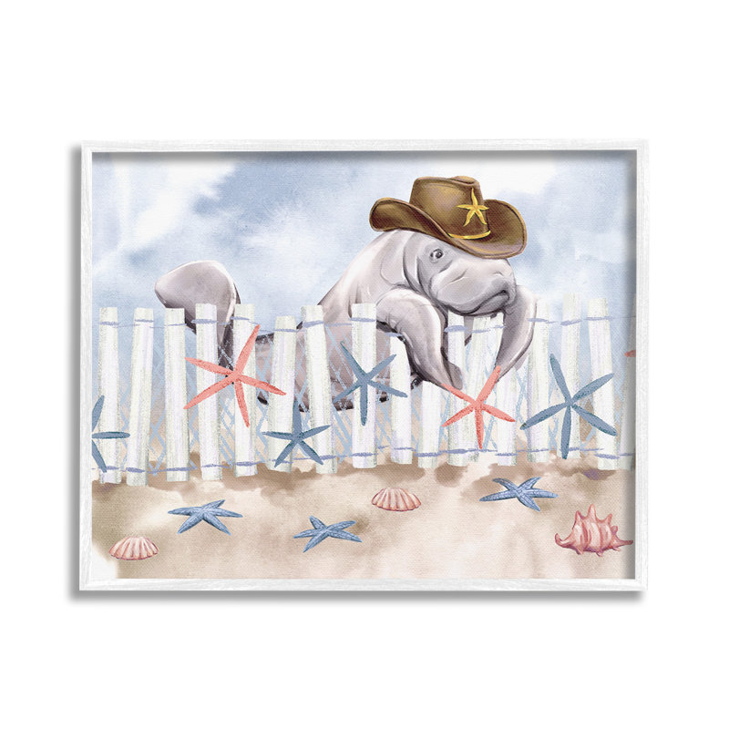 Lamantin en chapeau de cowboy, estampe numérique encadrée par Ziwei Li, H 24 po x l 30 po, Giclée encadrée blanc bord de mer