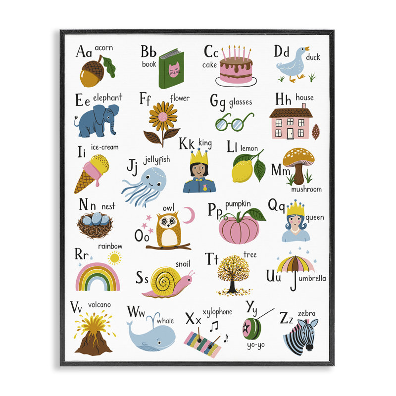 Giclée encadrée par un alphabet amusant illustré par Bex Morley Design, H 14 po x l 11 po, Giclée encadrée noir minuit