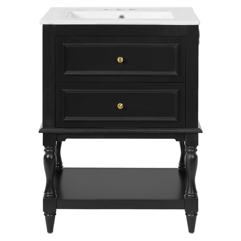 Meuble-lavabo 2 tiroirs 24 po avec plateau en céramique, Noir