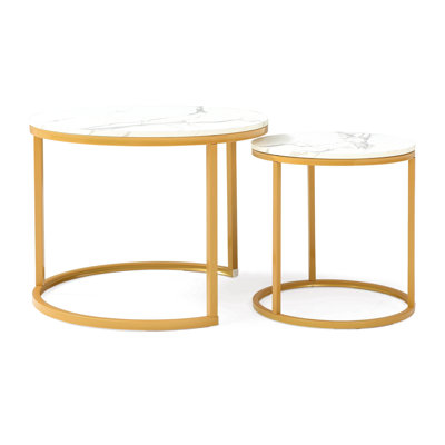 Set 2 Coffee Table Nesting Frame Circular Round And Marble Pattern Wooden Tables(Only Including Coffee Table,Without Chairs)