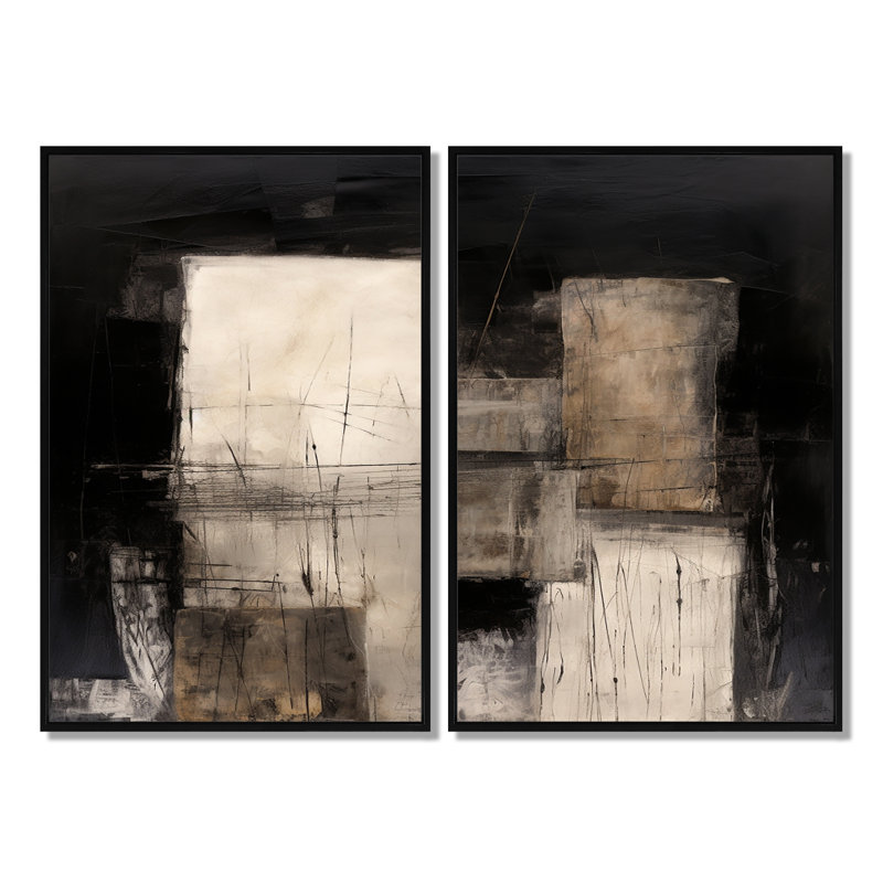 Ensemble de 2 décorations murales noires Mid Century Fusion IV, 36'' H x 48'' W, Impression encadrée flottante, Black
