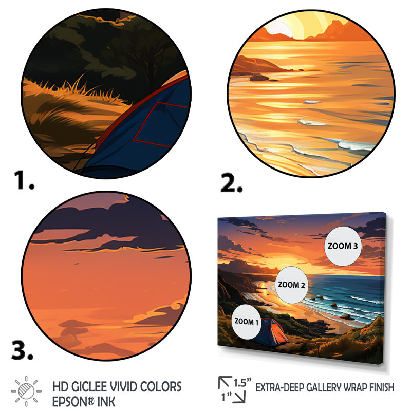 Coastal Camping Tents Retreat 2 - Art mural de voyage en camping, Cadre flottant blanc, H 12 po x l 20 po x P 1 po