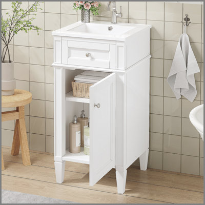 16-inch Bathroom Vanity with Ceramic Sink, Freestanding Single Set, Soft Closing Door, Adjustable Shelf, French Style, Solid Feet, White