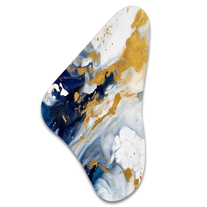 Art mural asymétrique en métal bleu foncé et doré XXVI - Fractals Boomerang, H 31 po x l 17 po