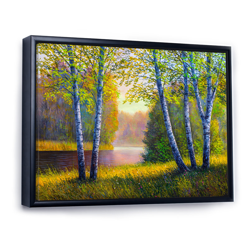 «River Through The Birch Tree Forest», reproduction sur toile flottante, H 8 po x l 12 po x P 1 po, Cadre flottant noir