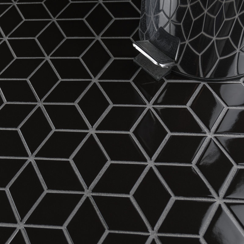 Metro Rhombus 10-1/2 " x 12-1/8 " Porcelain Mosaic Floor & Wall Tile, Glossy Black