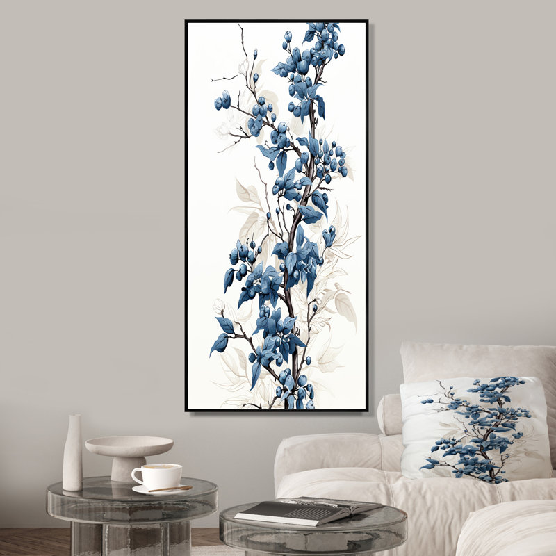 Windy and Blue Tree Beauty I - arbre, art mural, Cadre flottant noir, H 60 po x l 28 po