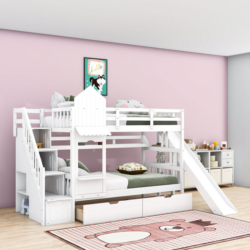 Lit superposé en bois de style château Illan avec tiroirs, tablettes et glissoire, Simple sur simple, Blanc