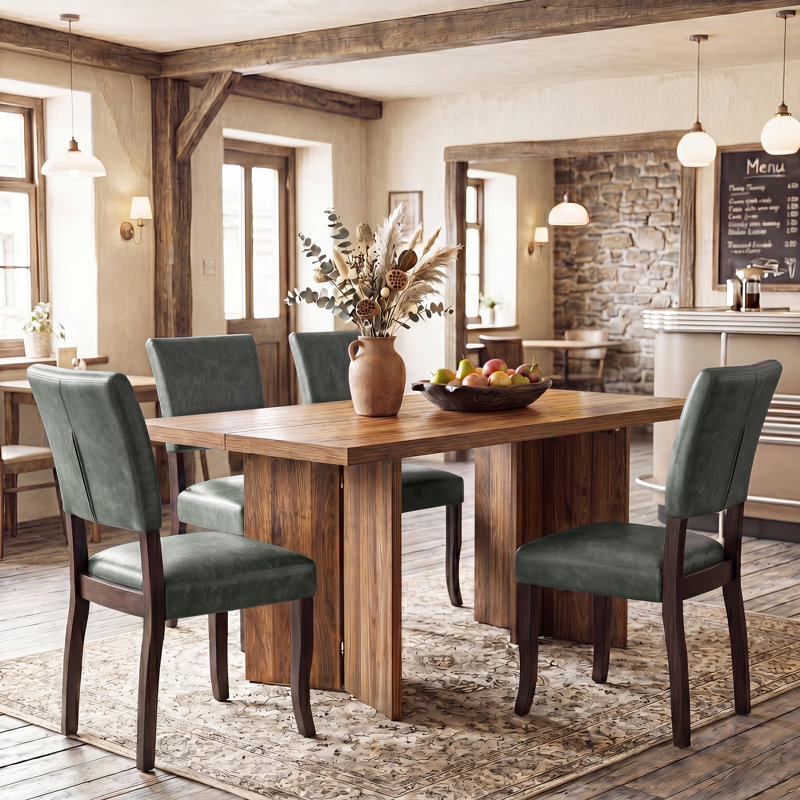 Amiliana Wooden Rectangular Dining Table With Upholstered Kitchen Chairs, Wood Legs Dining Room Set, Dark Grey/Dark Blue