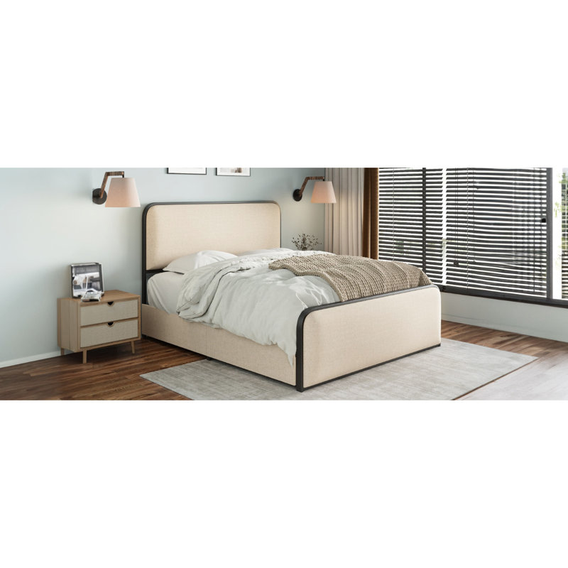 Grand lit beige moderne en métal avec revêtement incurvé, 4 tiroirs de rangement, support robuste avec tête de lit rembourrée