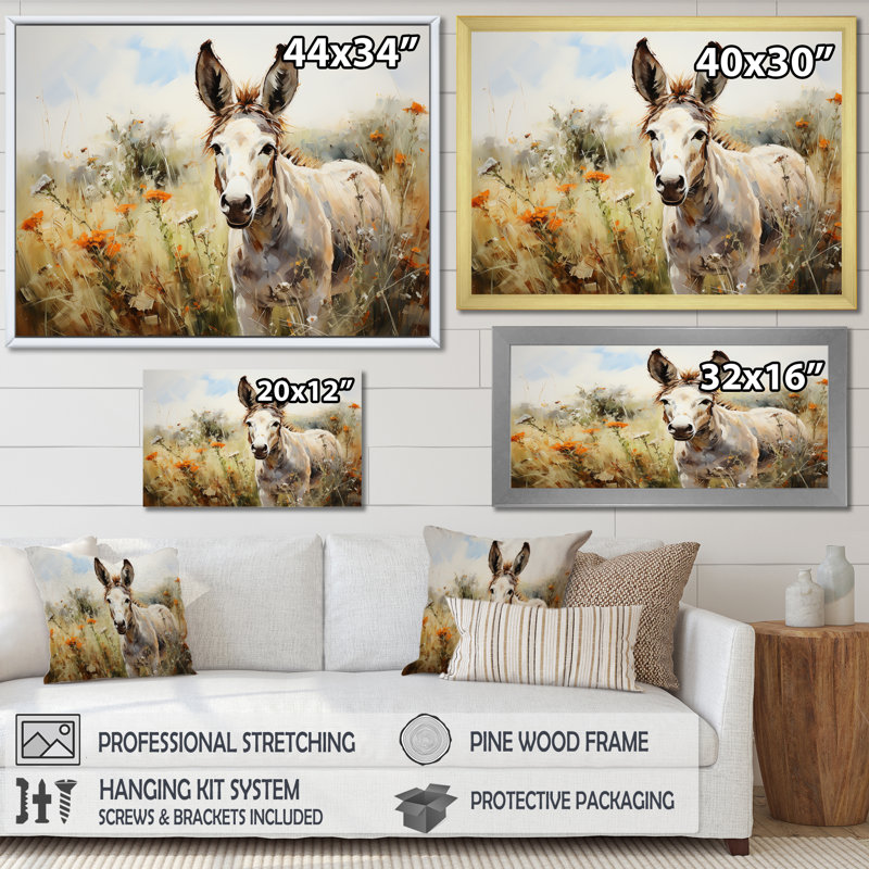 Donkey Flower Meadow Landscape II - âne, art mural, Cadre d'angle fermé doré, H 32 po x l 16 po x P 1 po